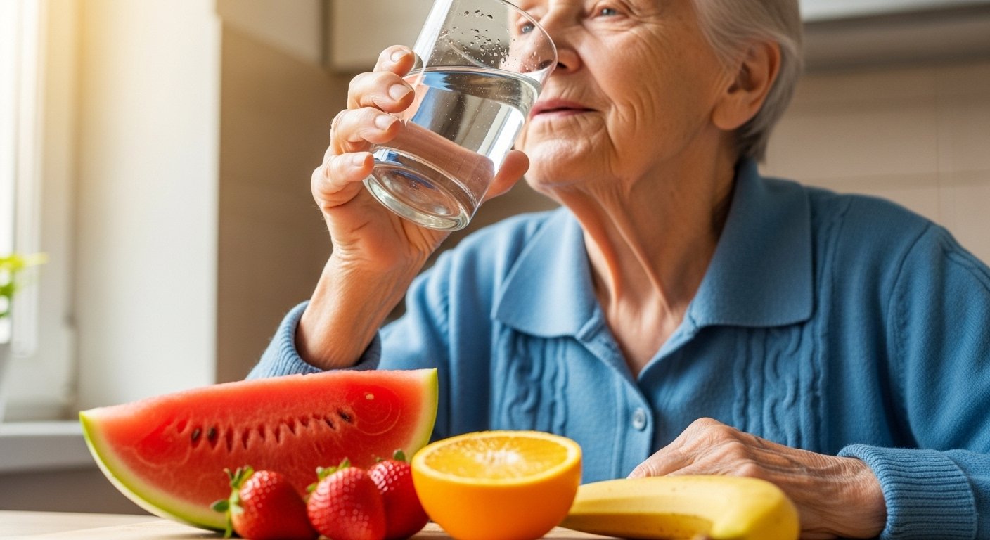 Persona mayor bebiendo agua fresca y comiendo frutas hidratante