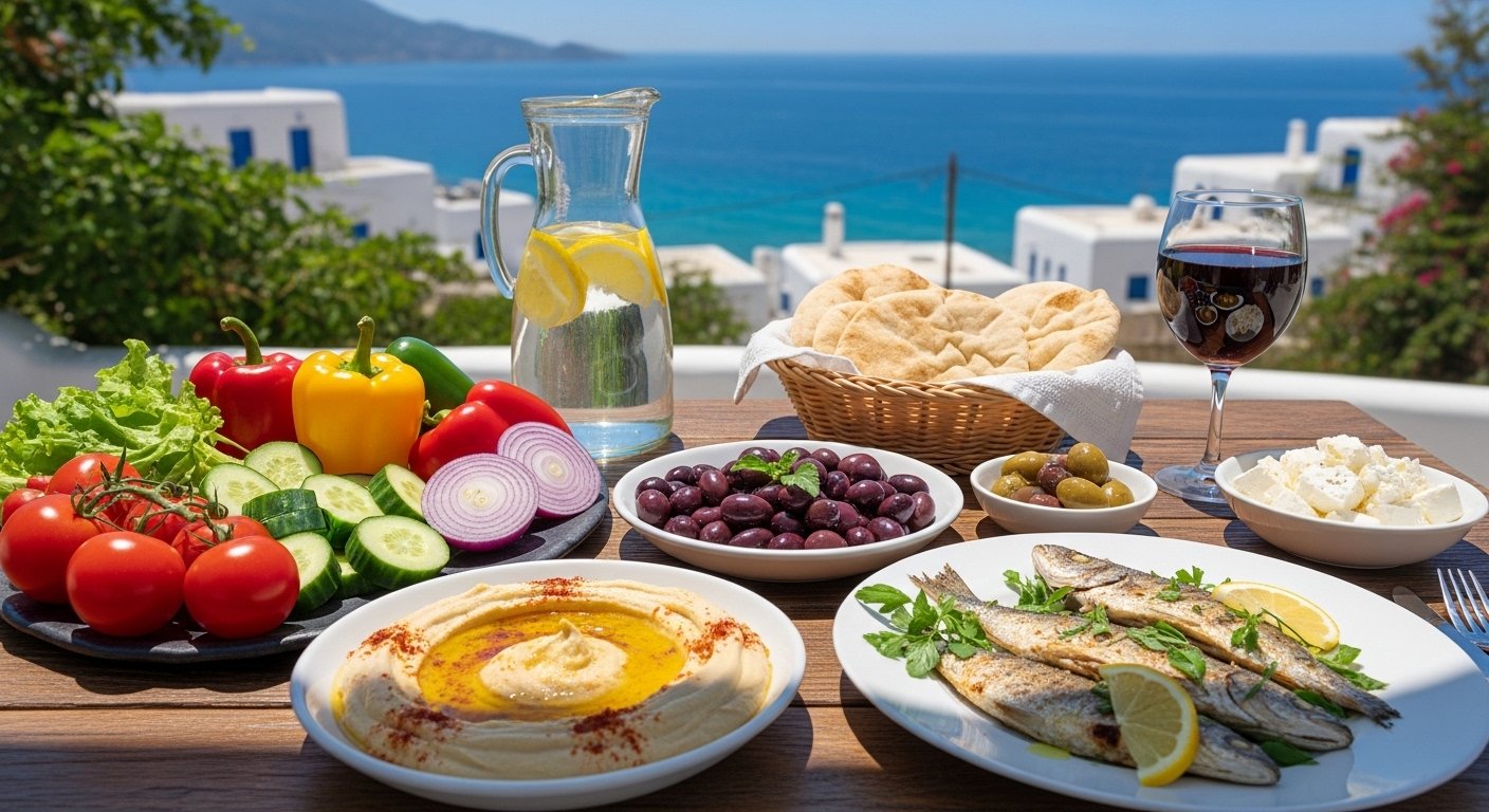 Mesa con alimentos de la dieta mediterránea: aceite de oliva, pescado, verduras y legumbres