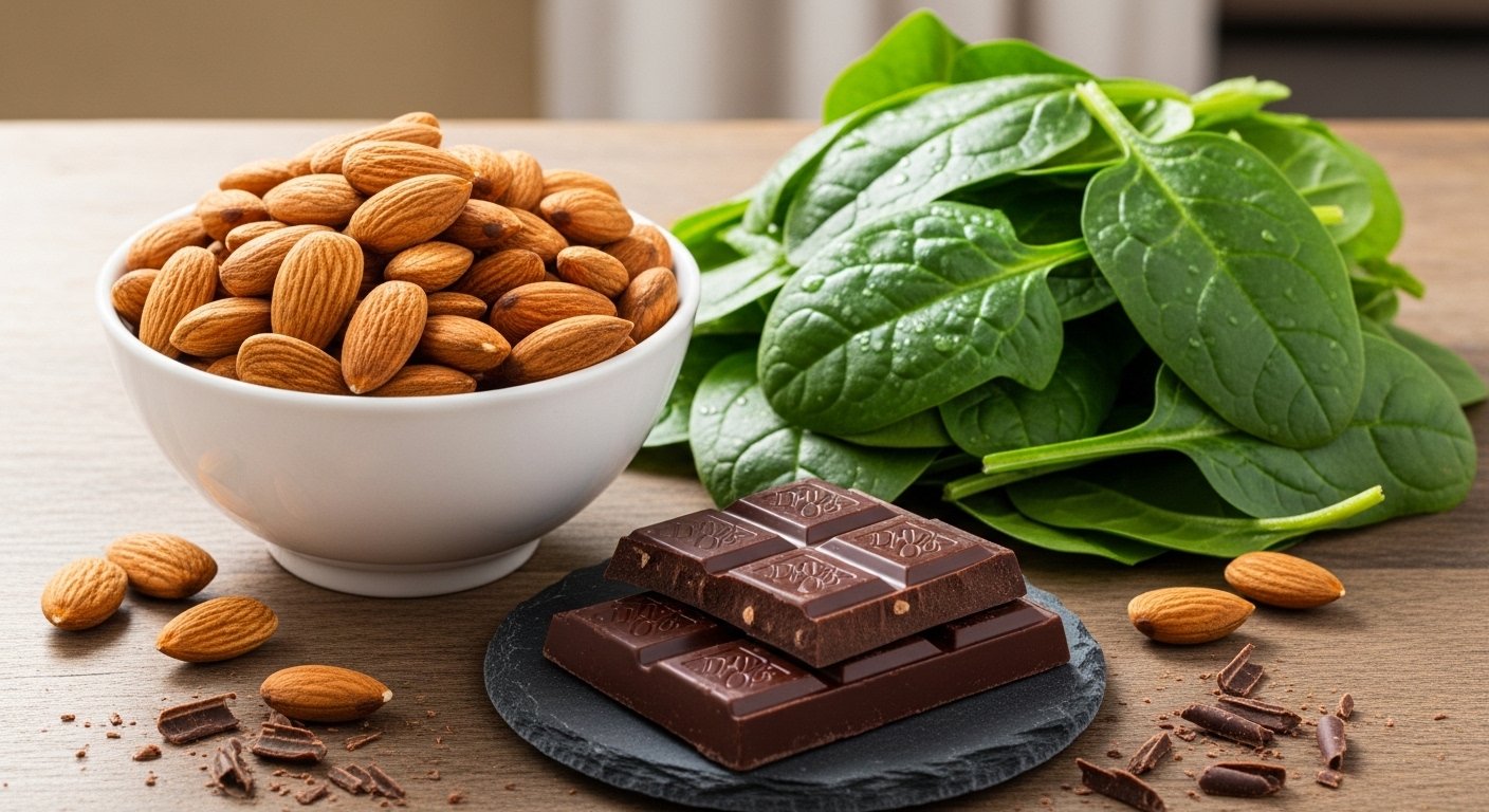 Alimentos ricos en magnesio: almendras, espinacas y chocolate negro sobre una mesa