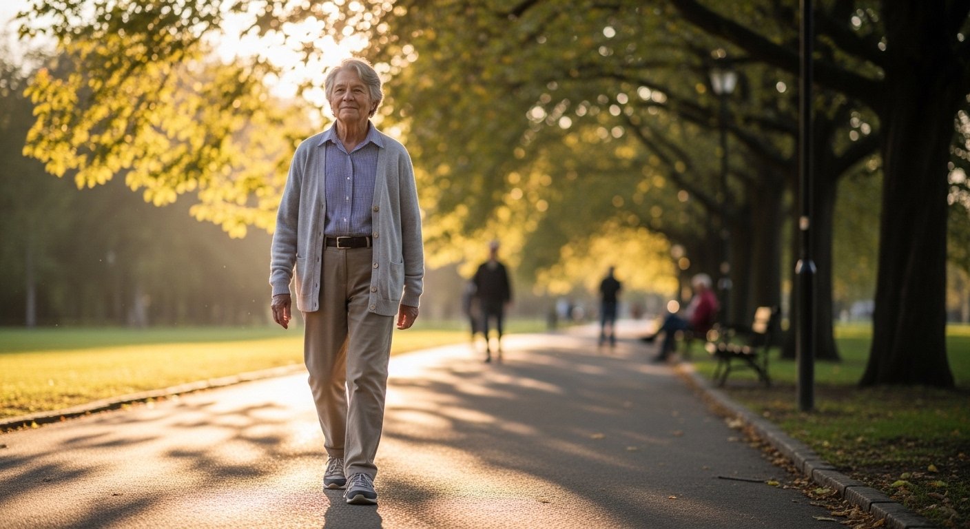 Persona mayor caminando tranquilamente en un parque después de comer